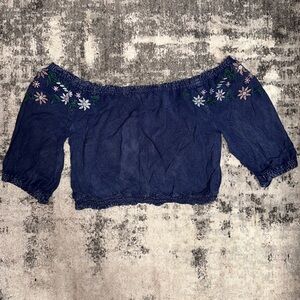 Denim Off The Shoulder Mid-Sleeve Crop Top with Flower Details